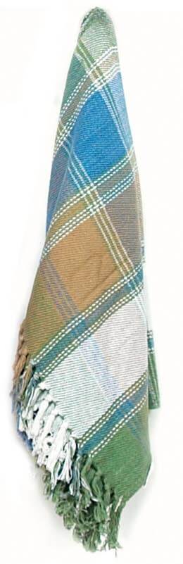 Handmade 100% cotton throw blanket featuring a unique plaid pattern in blue, green, and brown, machine washable.