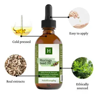 Moringa Seed Oil bottle, cold-pressed, natural extracts, easy to apply, ethically sourced, 100% pure oil.