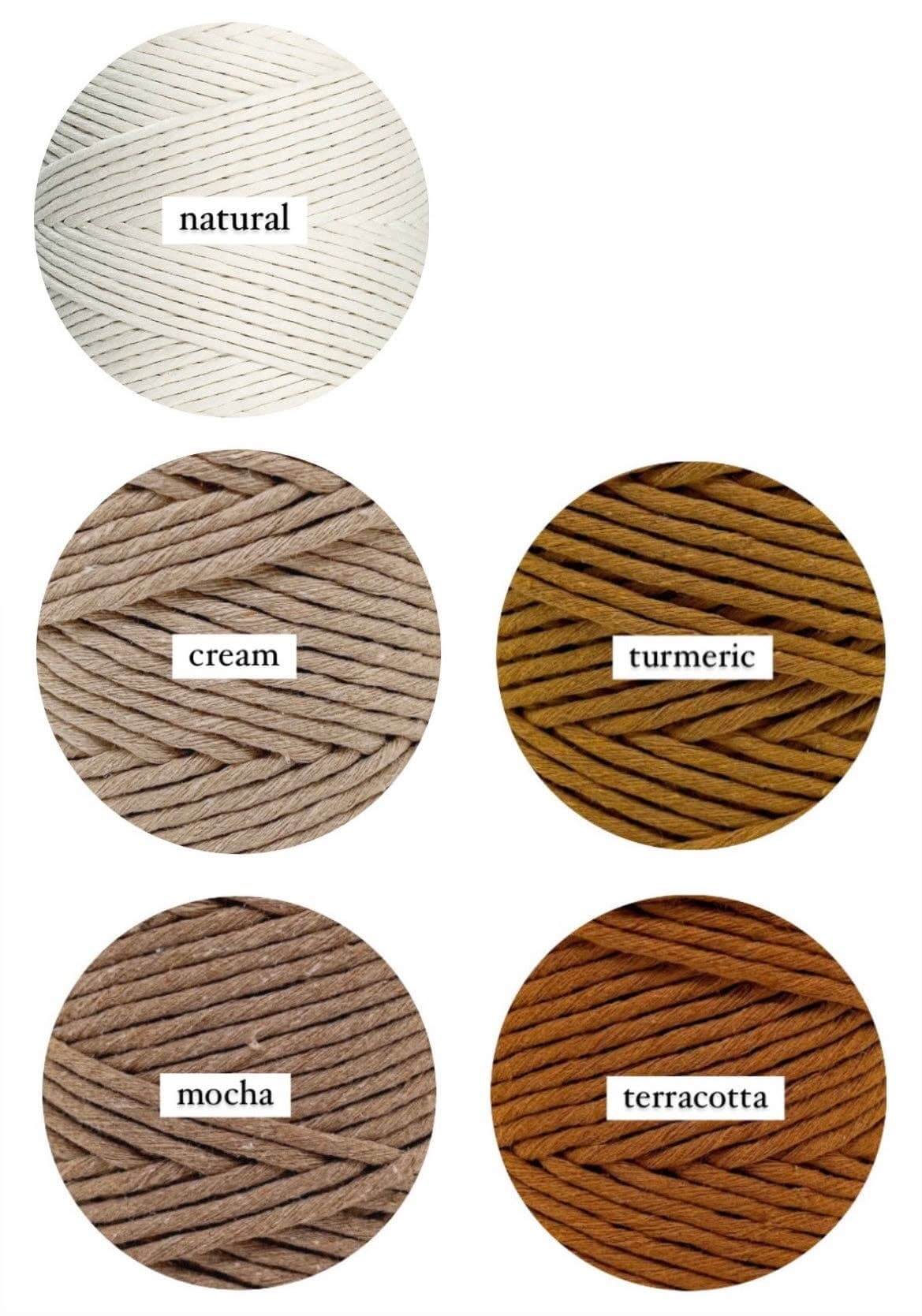 Color options for macrame essential oil car diffusers: natural, cream, turmeric, mocha, and terracotta.