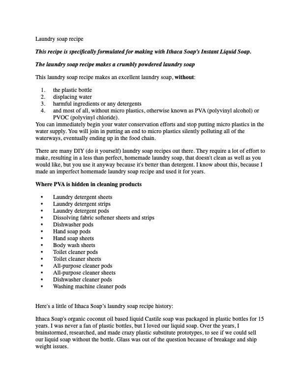 Laundry soap recipe for making Ithaca Soap's Instant Liquid Soap without harmful chemicals or plastics.