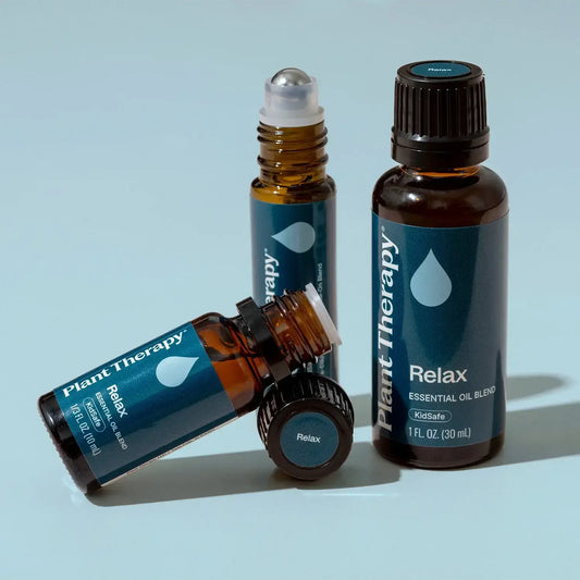 Relax essential oil blend pre-diluted roll-on from Plant Therapy, promoting peace and tranquility.