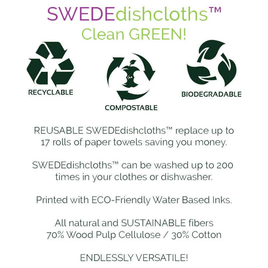 Eco-friendly SWEDEdishcloths, recyclable, biodegradable, washable up to 200 times, made from sustainable fibers.