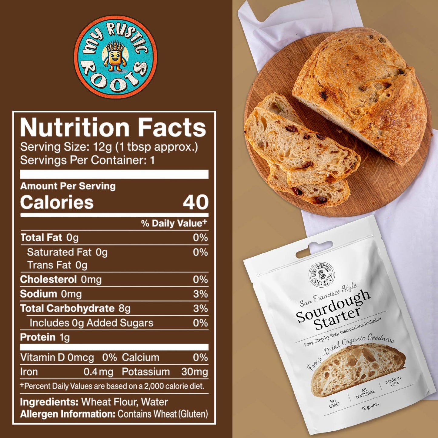 Non-GMO, Freeze Dried, Organic Sourdough Starter. 12 gr