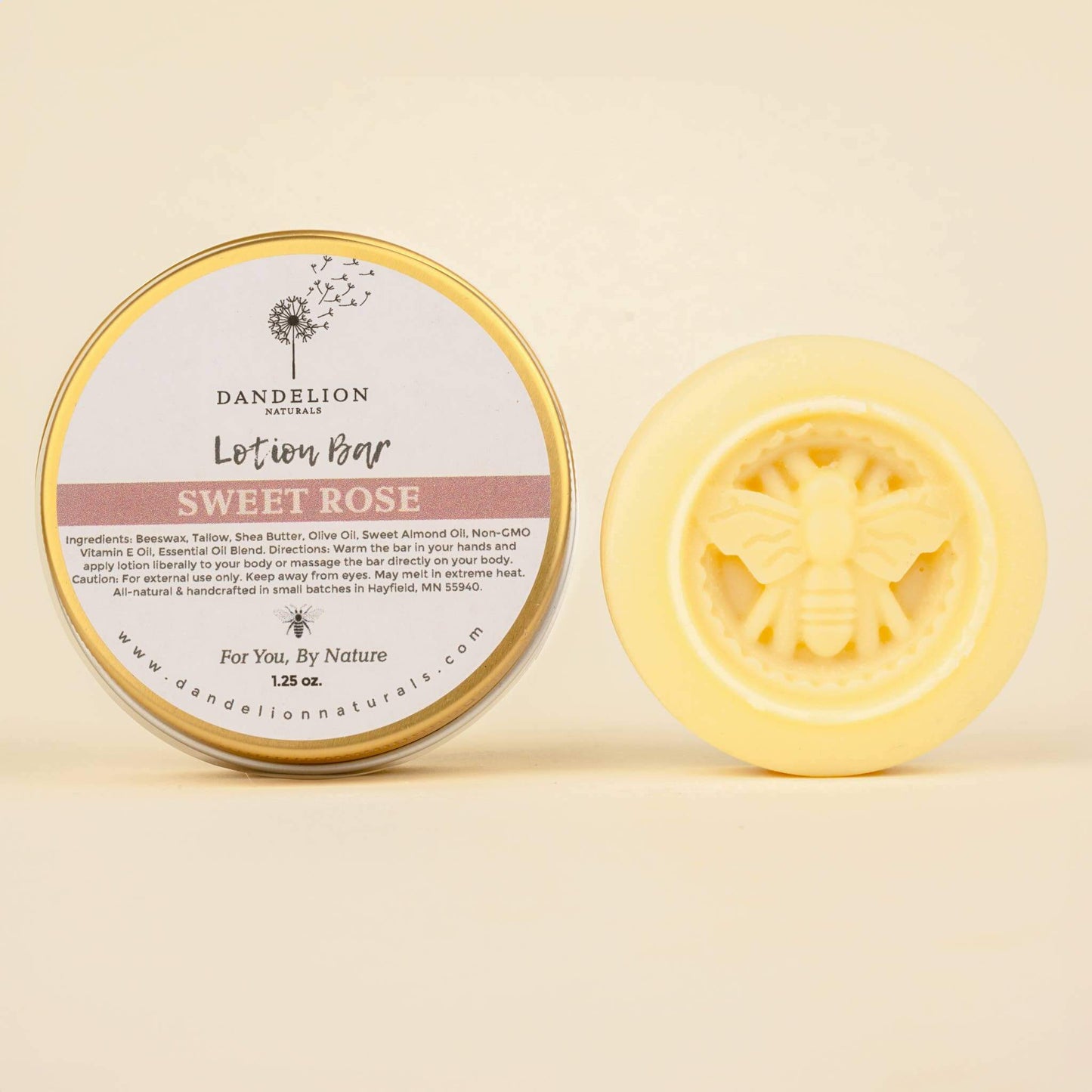 Tallow lotion bar in Sweet Rose scent, featuring natural ingredients for hydrating dry skin, ideal for travel and daily use.