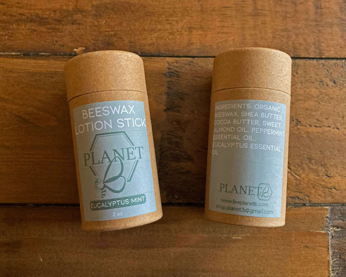 Beeswax Lotion Stick - Eucalyptus Mint in compostable Kraft paper tube with ingredients list
