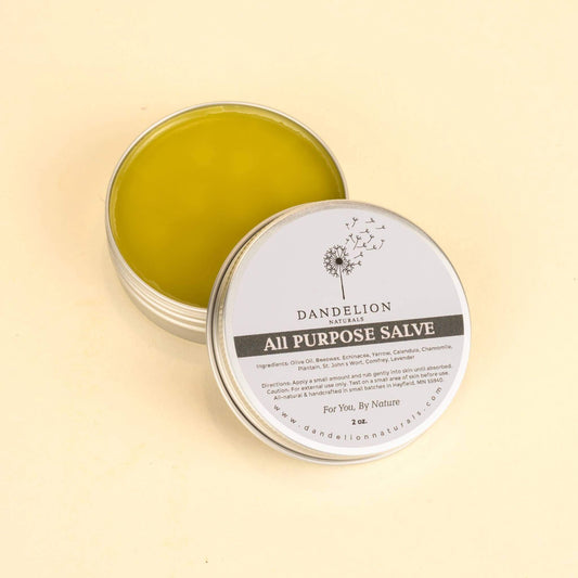 Dandelion Naturals All Purpose Salve in a metal tin, showcasing a nourishing herbal blend for skin healing and comfort.