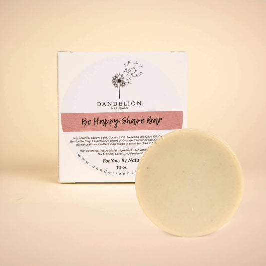 Be Happy Shave Bar by Dandelion Naturals, nourishing soap for smooth skin, with lather and bentonite clay.