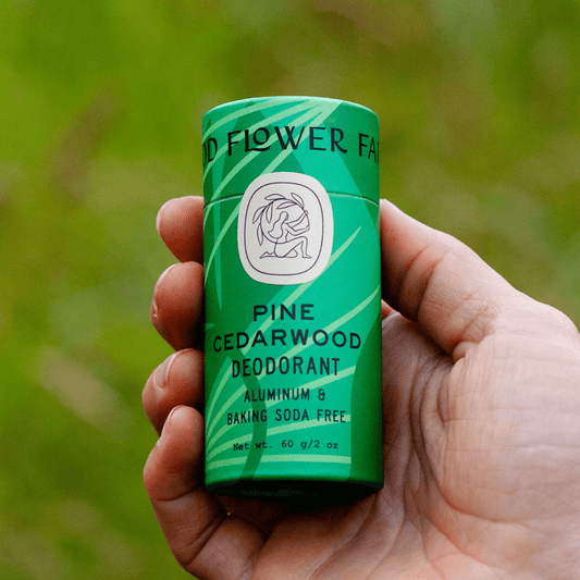 Non-toxic Pine Cedarwood deodorant in eco-friendly cardboard tube held in hand, aluminum-free and baking soda-free.