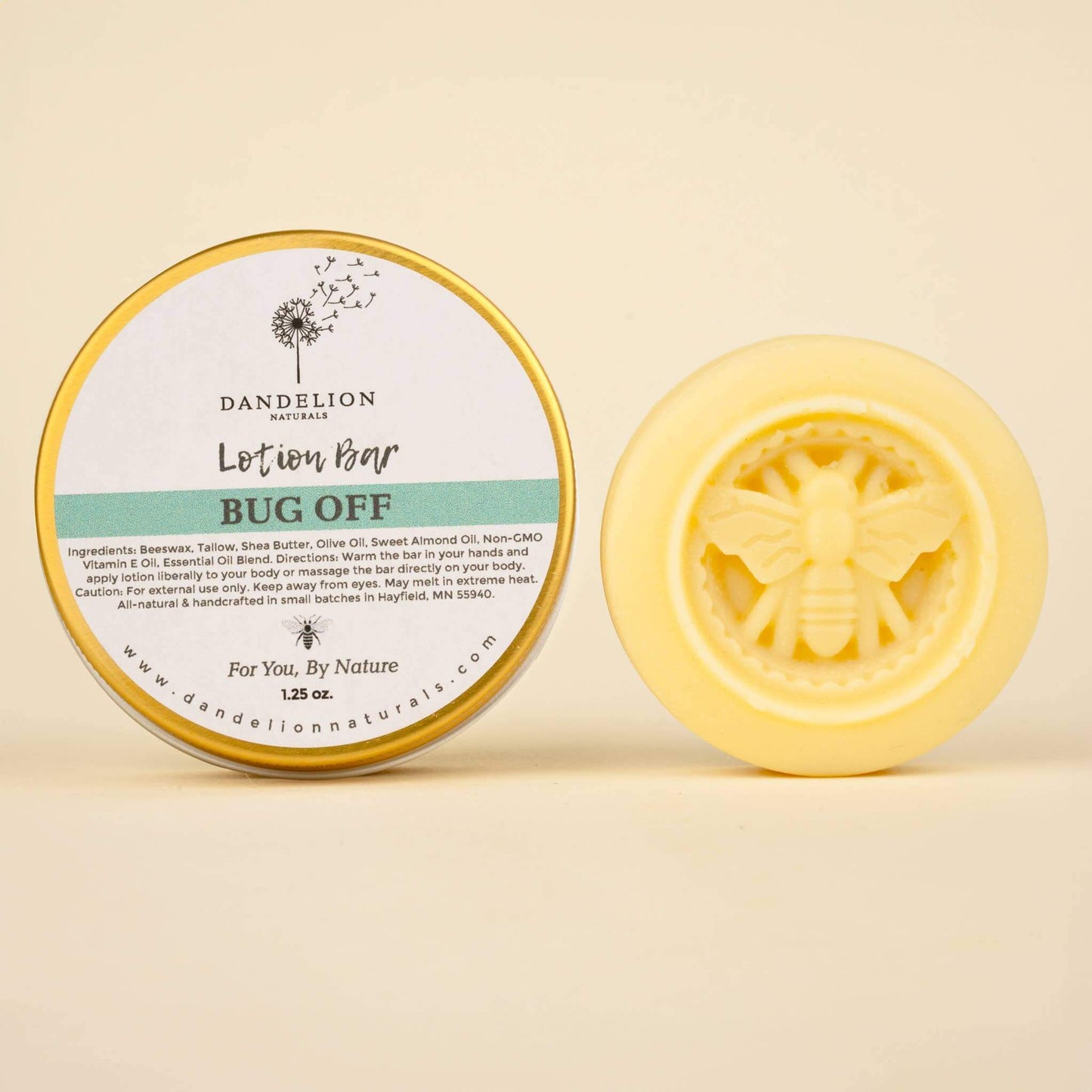 Tallow Lotion Bar 'Bug Off' by Dandelion Naturals in yellow with bee design, 100% natural, no water or preservatives.