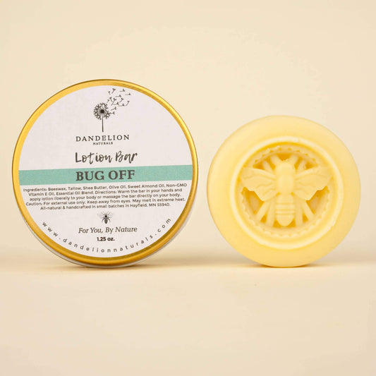 Tallow Lotion Bar 'Bug Off' by Dandelion Naturals in yellow with bee design, 100% natural, no water or preservatives.