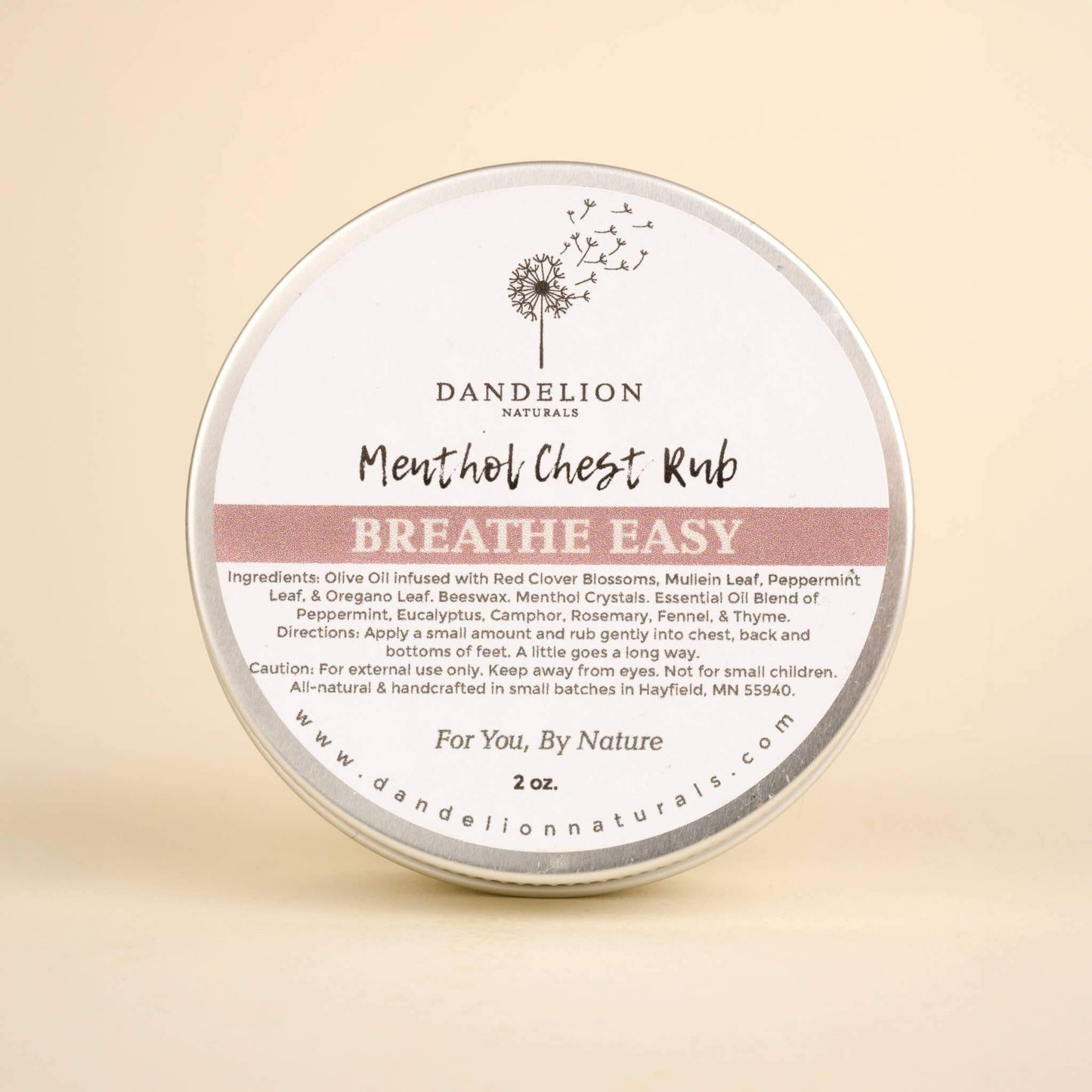 Dandelion Naturals Breathe Easy menthol chest rub, all-natural vapor rub for respiratory support, 2 oz.