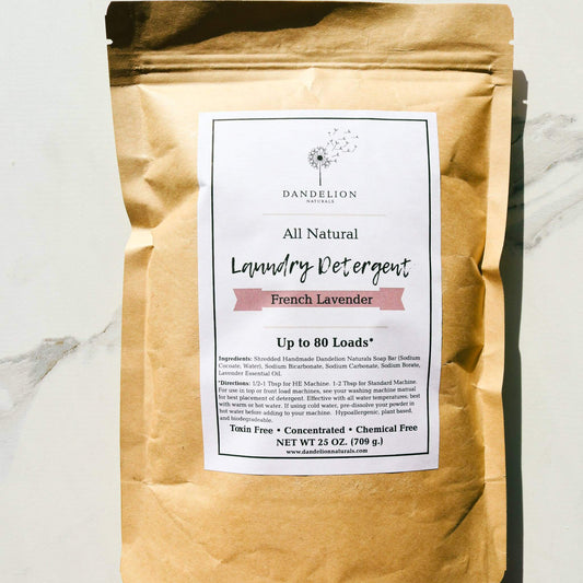 Dandelion Naturals Handmade Laundry Detergent in a 25 oz bag, featuring French Lavender scent, toxin-free and safe for sensitive skin.