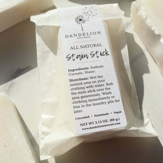 All-natural stain stick by Dandelion Naturals, effective stain remover for sensitive skin, unscented and vegan.