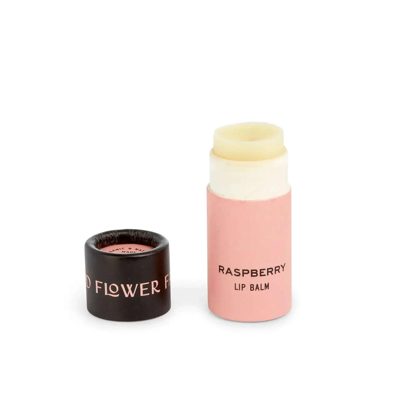 Organic, raspberry lip balm, in a biodegradable tube.