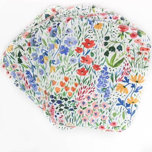 6 nonpaper towels with flower designs, stacked and laid flat