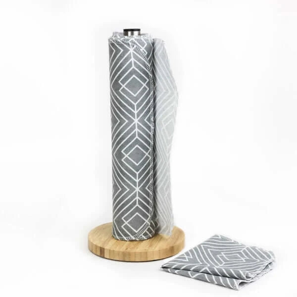 nonpaper towels in a geometric design wrapped around a paper towel holder