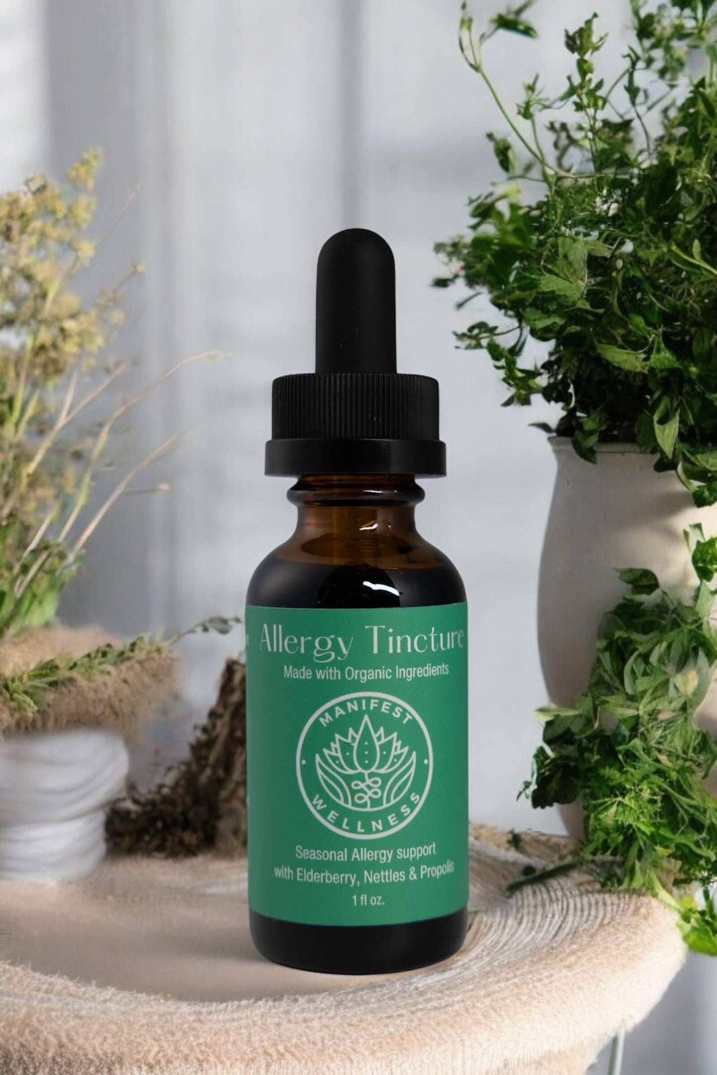 Organic Allergy Blend Tincture in a glass bottle with dropper, featuring soothing herbs for allergy relief.