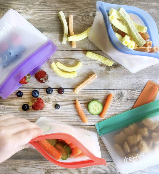 Reusable Stand-Up Storage Bags - Small - 5 Pc Set - Eco-Friendly filled with fruits and snacks on a wooden table.