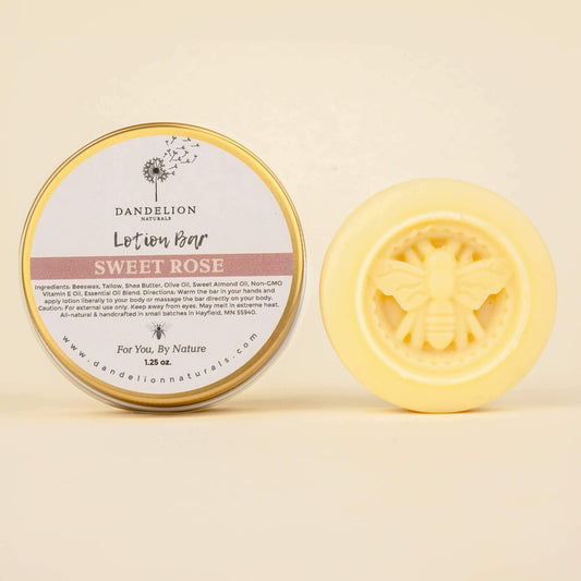 Tallow lotion bar in Sweet Rose scent, featuring natural ingredients for hydrating dry skin, ideal for travel and daily use.