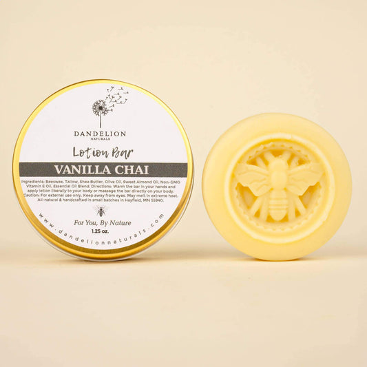 Dandelion Naturals vanilla chai lotion bar, 100% natural, solid form, with bee design, 1.25 oz size.