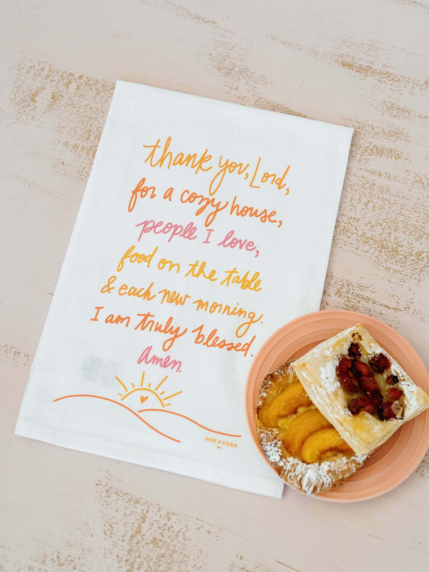 Thank You Lord - Flour Sack Towel | Tea Towel, Everyday with a message of gratitude and a plate of pastries.