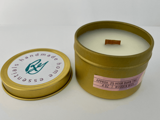 Toasted pumpkin travel candle in a gold tin with a wooden wick.