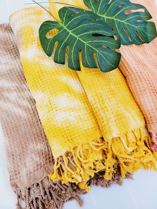 100% Cotton Throw Blanket, Yellow Turkish Cotton Waffle Towel/Blanket - 40 X 70"