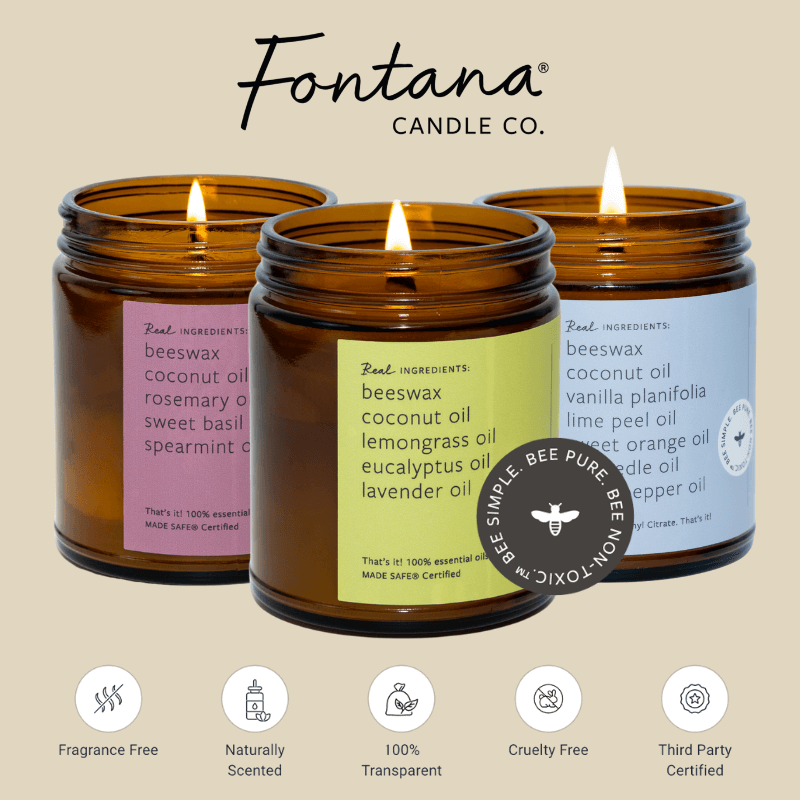 Fontana Candle Co. beeswax jar candles: natural, non-toxic, eco-friendly, aromatic, cruelty-free, and MADED SAFE® certified.