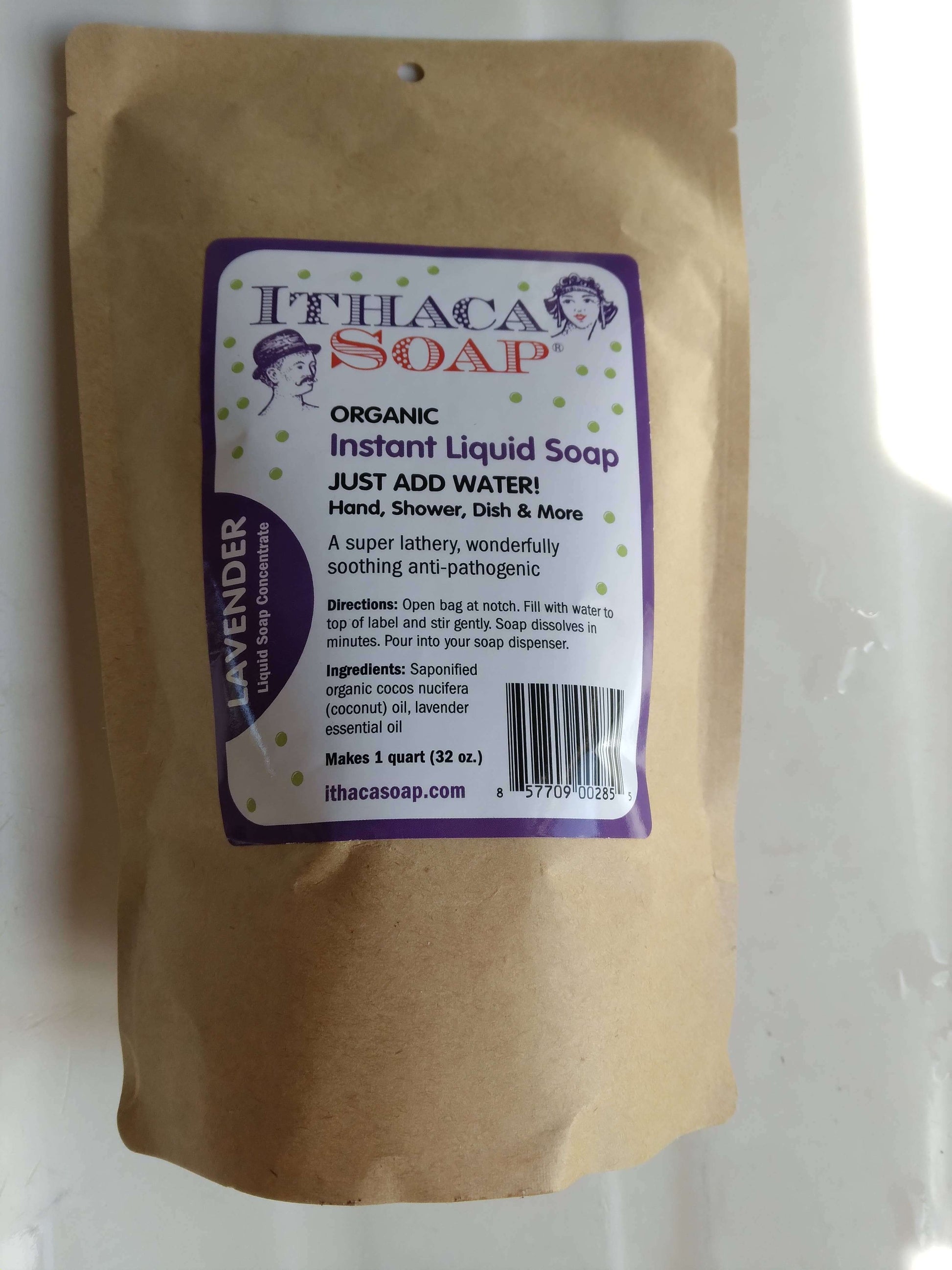 Organic Instant Liquid Soap Refill Lavender packaging, makes 1 quart, just add water for effective cleaning.