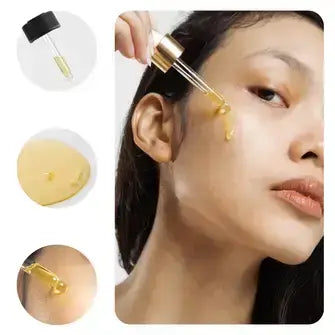 Moringa oil dropper applicator on face, showcasing its moisturizing benefits with a close-up of the oil.
