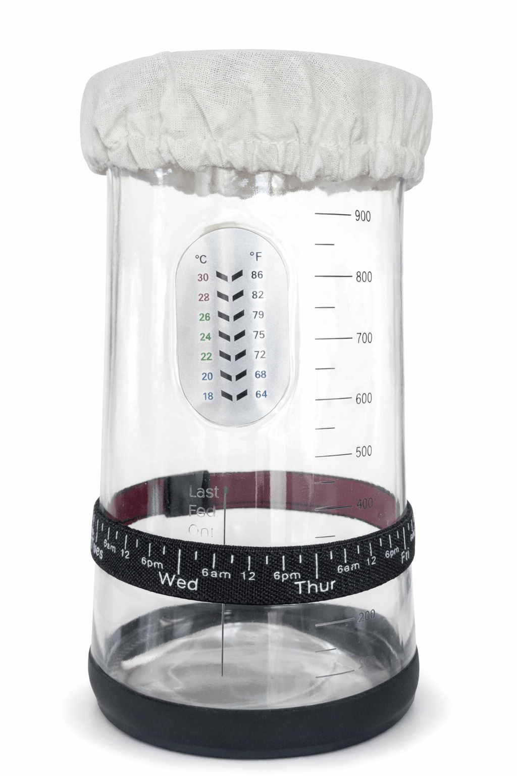 34oz Sourdough Starter Jar Kit, Feeding Tracker, Temperature with measurement markings and a temperature guide.