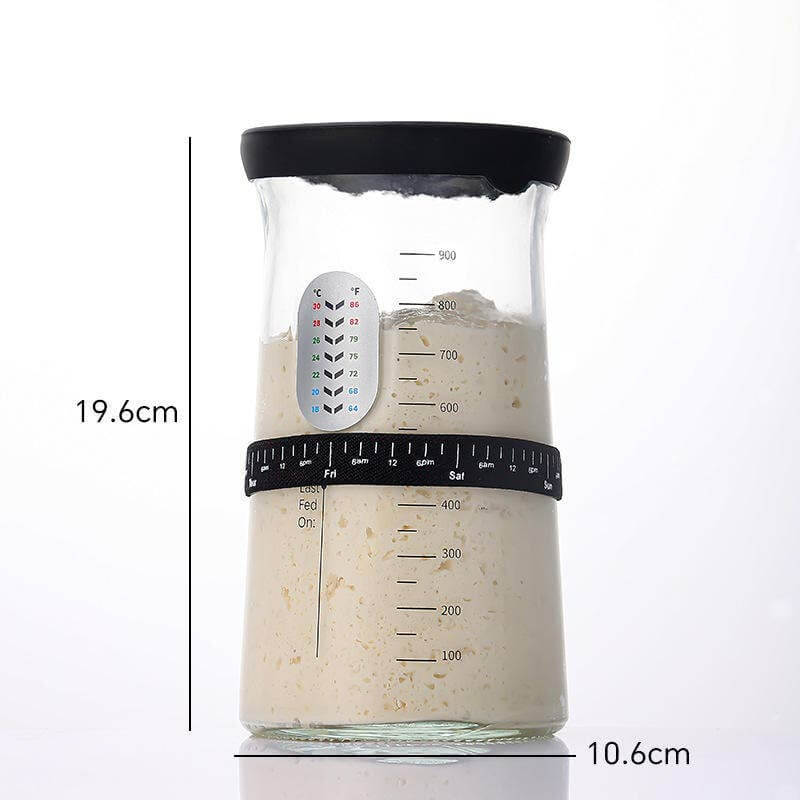 34oz Sourdough Starter Jar Kit, Feeding Tracker, Temperature with measurement markings and adjustable band.