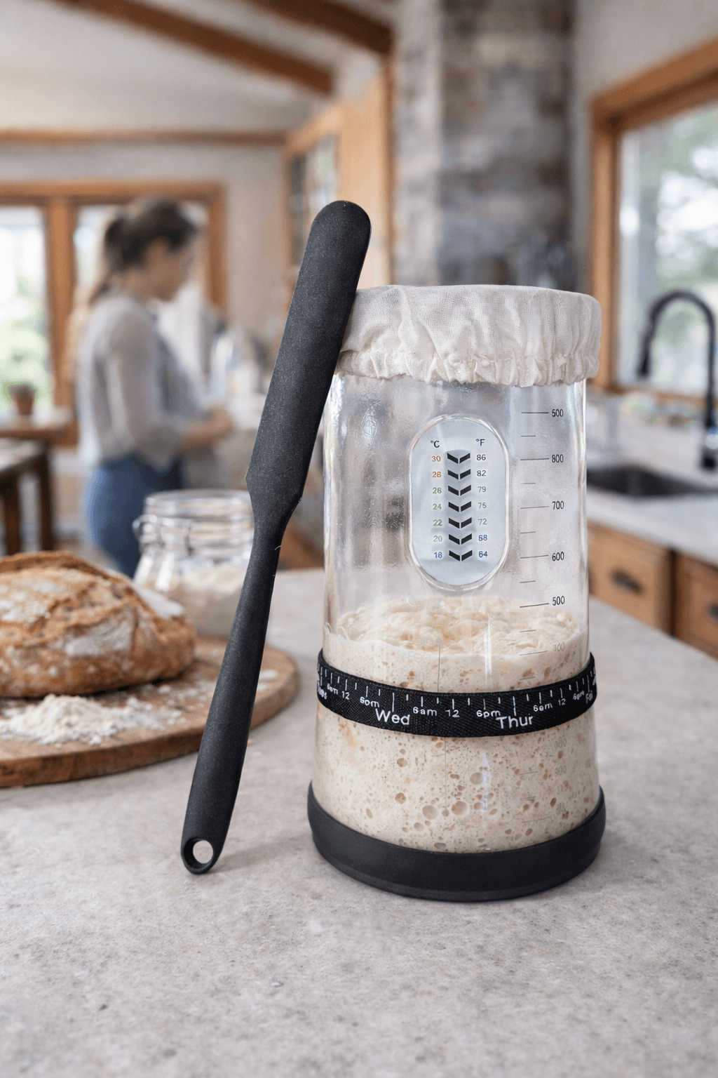 34oz Sourdough Starter Jar Kit, Feeding Tracker, Temperature with measurement markings and non-slip base.