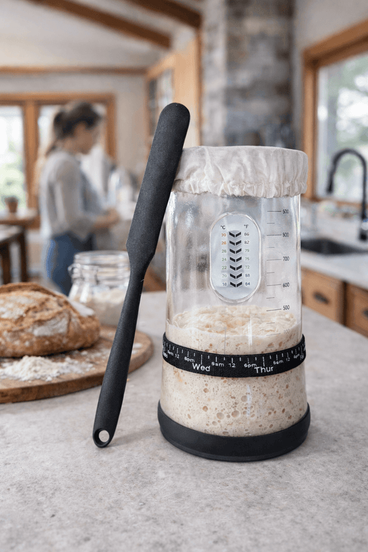 34oz Sourdough Starter Jar Kit, Feeding Tracker, Temperature with measurement markings and non-slip base.