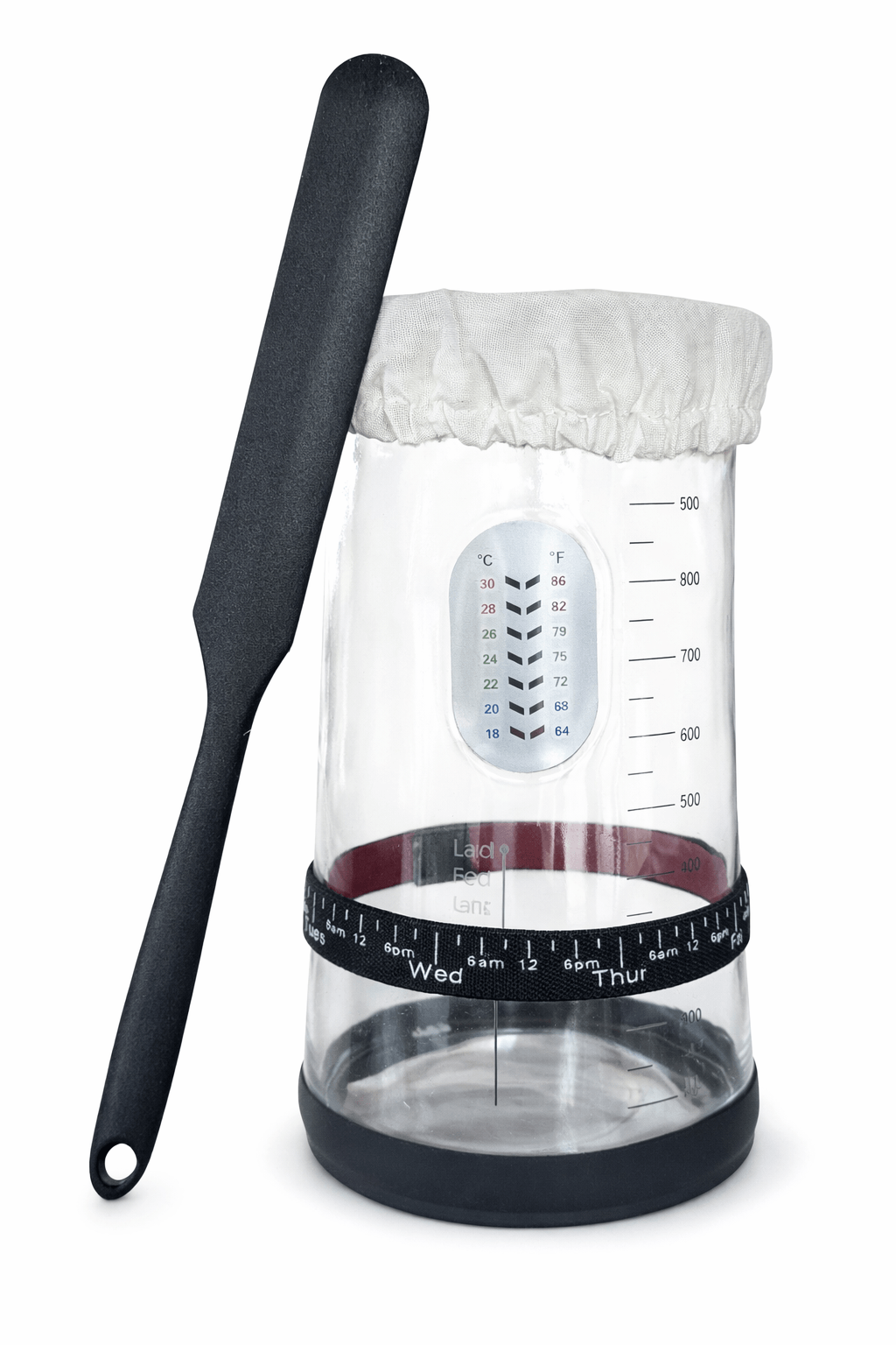 34oz Sourdough Starter Jar Kit, Feeding Tracker, Temperature with clear glass jar and measuring markings.