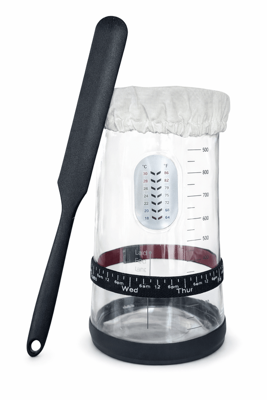 34oz Sourdough Starter Jar Kit, Feeding Tracker, Temperature with clear glass jar and measuring markings.