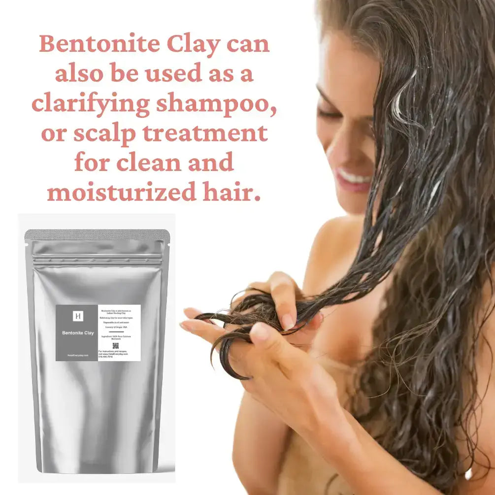 Bentonite Clay 2 lb. bag shown with model applying clay for clean, moisturized hair and healthy scalp treatment.