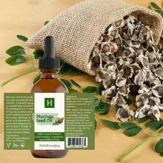 Moringa Seed Oil bottle with organic seeds, 100% pure, cold-pressed, natural for cosmetic and food use.