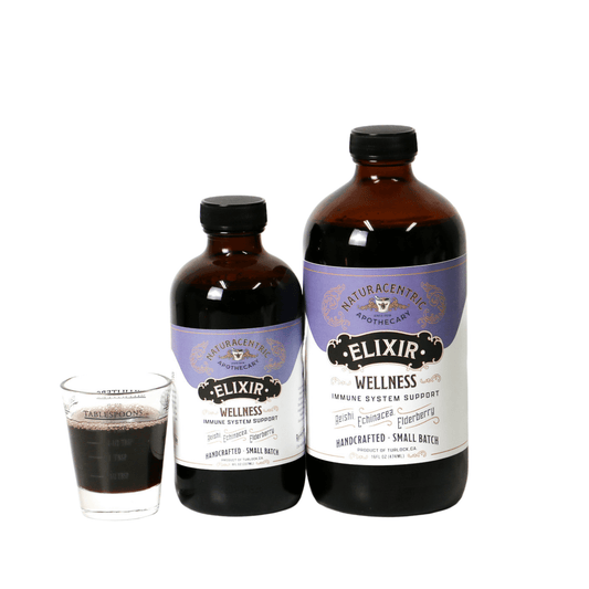 Elderberry Syrup Wellness Elixir: 8oz bottles with a measuring cup for immune system support.