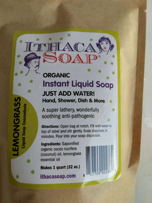 Ithaca Soap Organic Instant Liquid Soap Lemongrass concentrate for hand, shower, and dish cleaning, just add water.