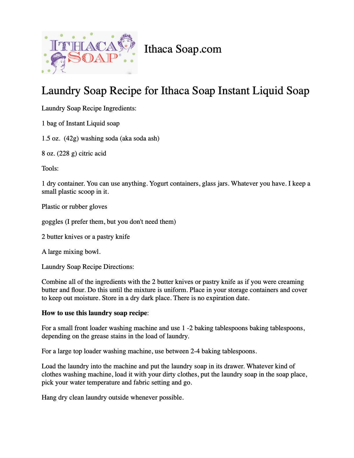 Laundry soap recipe for Ithaca Soap Instant Liquid Soap with ingredients and instructions.