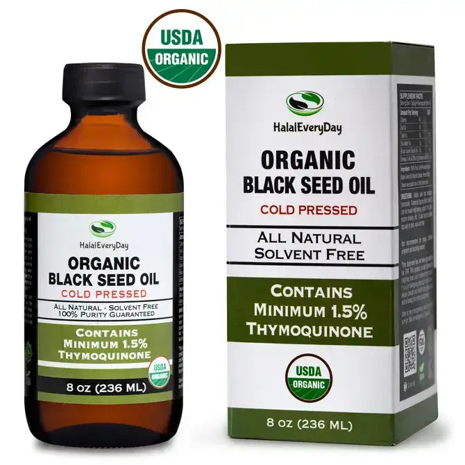 Organic Black Seed Oil in an 8 oz glass bottle, USDA Certified, cold pressed, contains 1.5% Thymoquinone, solvent free.