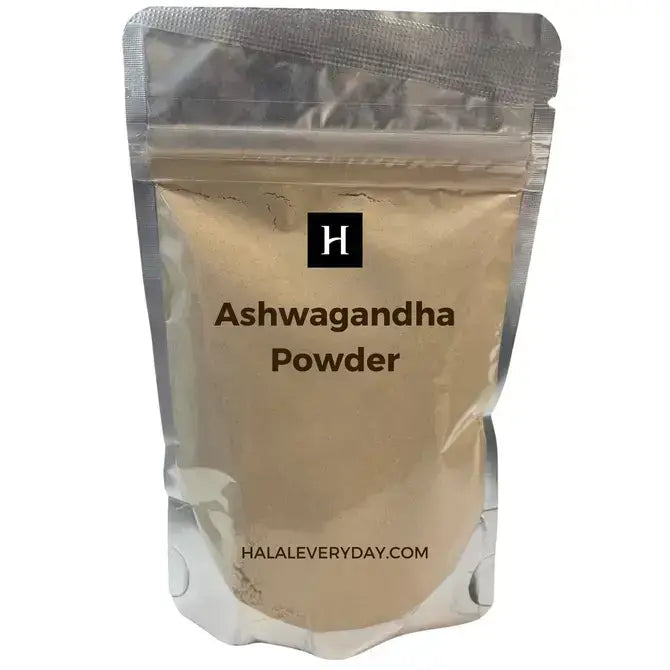 Ashwagandha Powder packaging, 100% pure and organic, natural adaptogen for stress relief, premium quality.