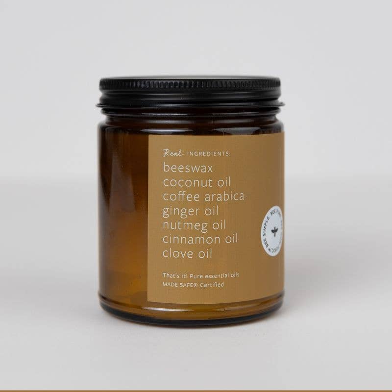 Spiced Latte Essential Oil Beeswax Jar Candle enriched with coffee, ginger, nutmeg, and clove. Non-toxic and MADE SAFE® certified.