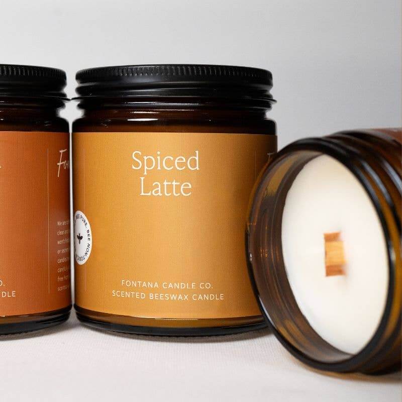 Spiced Latte essential oil beeswax candle jar by Fontana Candle Co, showcasing non-toxic, cozy autumn aromas.