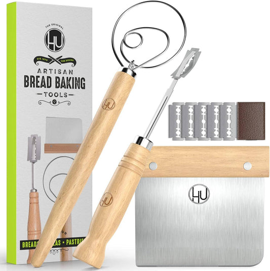 LHU - Bread Making Tools including Danish dough whisk, bench scraper, bread lame tool, and blades for artisan baking.