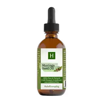 Bottle of 100% pure Moringa Seed Oil, natural, cold-pressed, and additive-free, for cosmetic and food use.