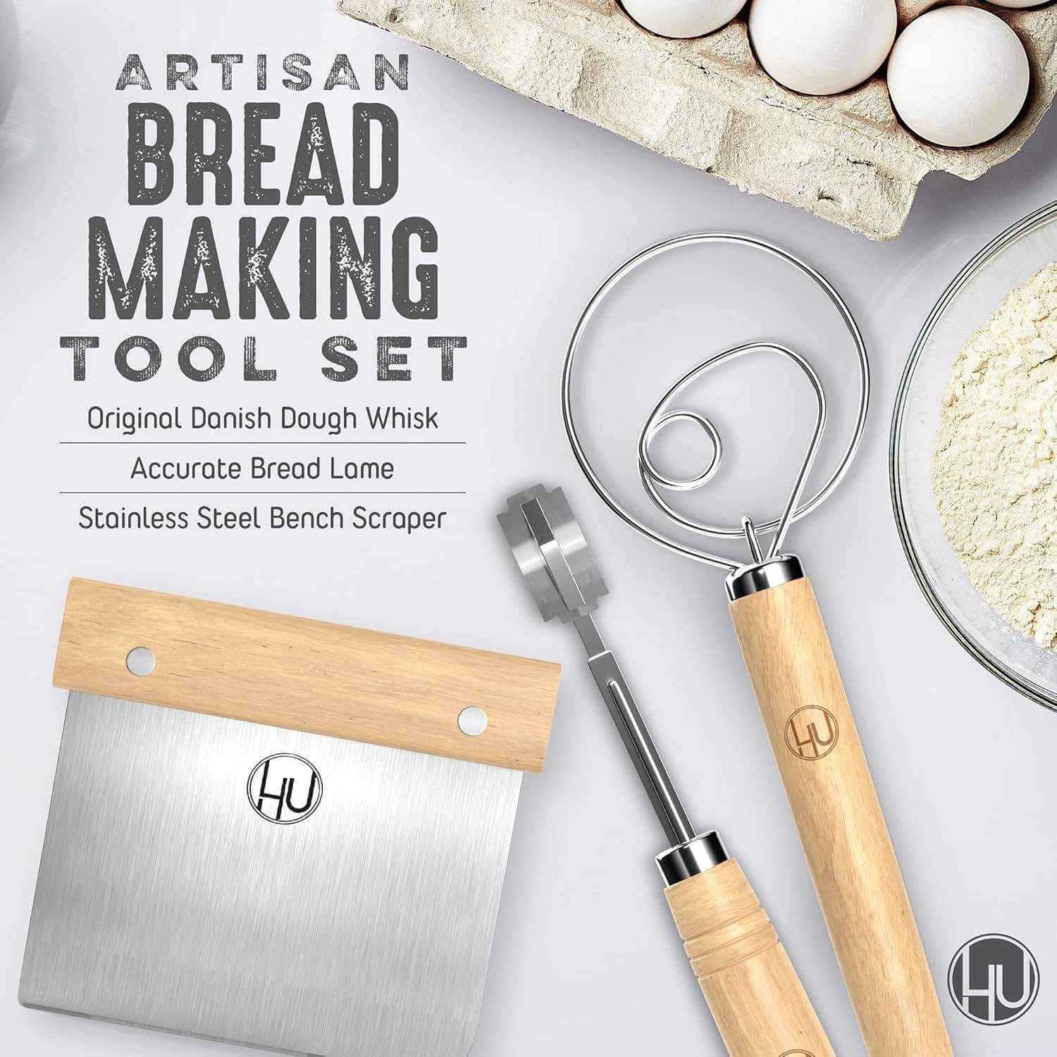 LHU - Bread Making Tools set featuring Danish dough whisk, bread lame, and stainless steel bench scraper for artisan baking.