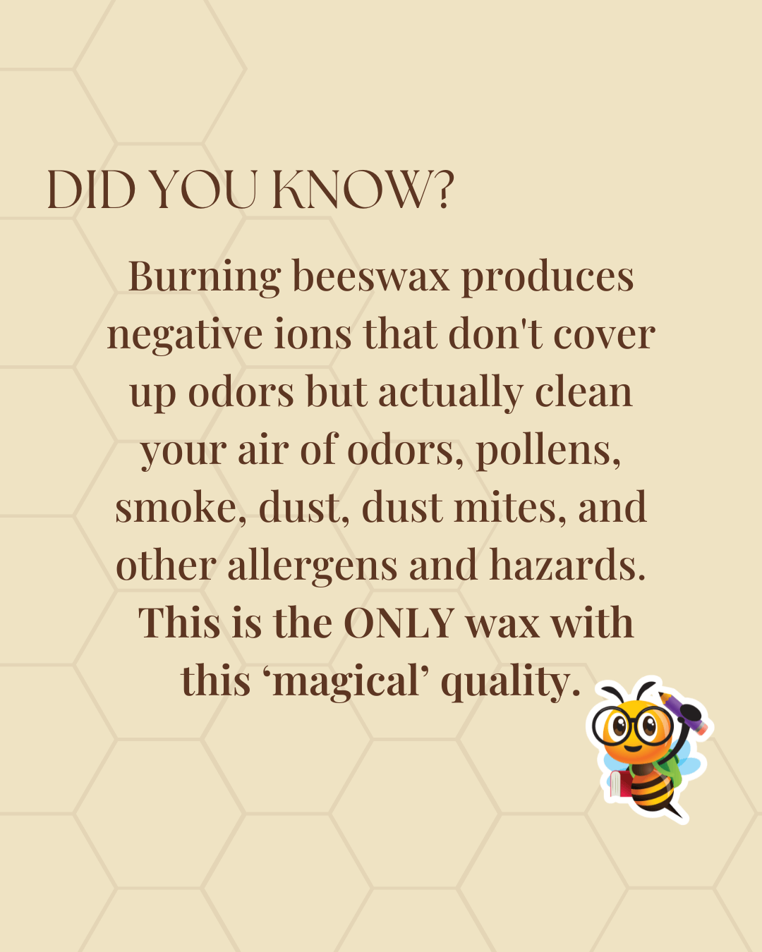 Did You Know? Burning beeswax cleans air by producing negative ions, eliminating odors and allergens. Learn about its magical quality.