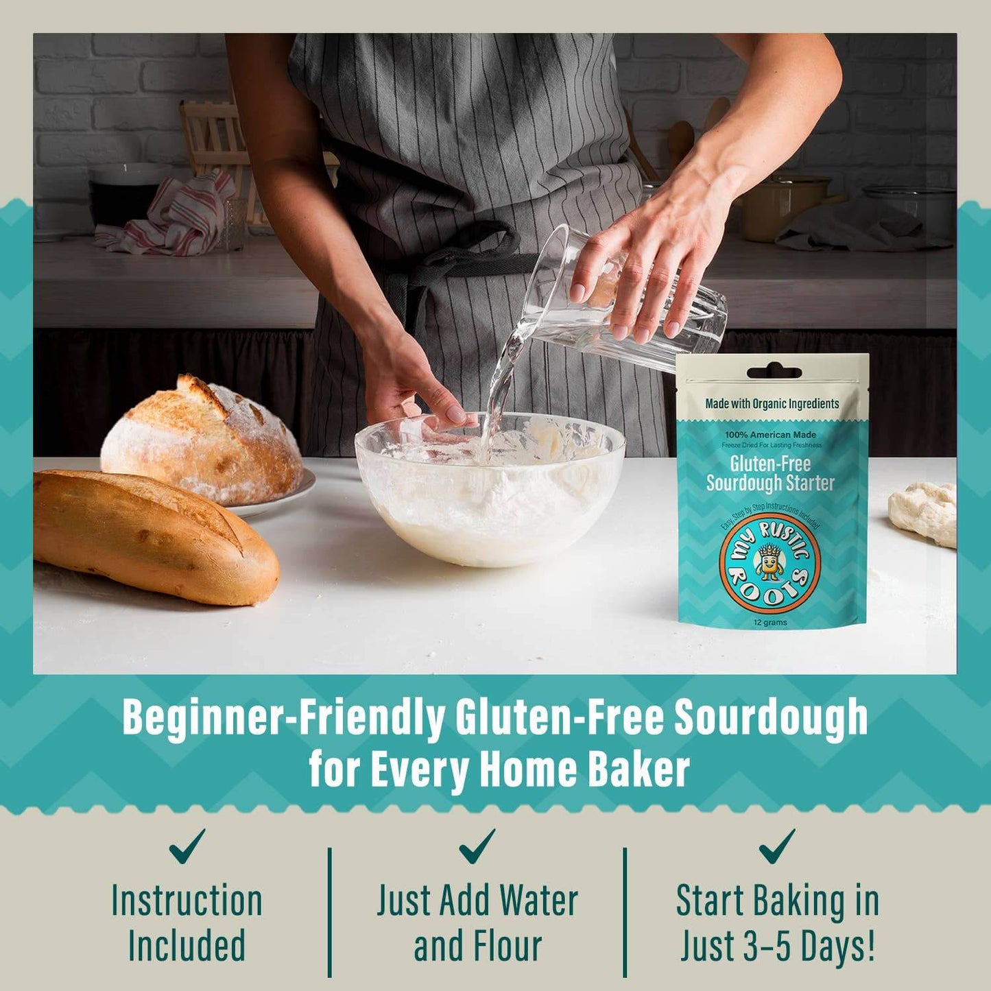 Organic, Non GMO GLUTEN FREE Sourdough Starter 12 gram preparation with water and flour for home bakers.